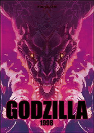 Godzilla 1998 fanart, pink, purple, big lizard face and text "Moruroa's child" - "Godzilla 1998"
